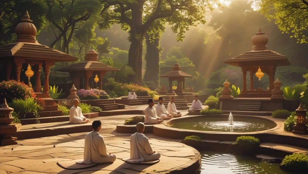 an ashram-like setting with gardens and meditation spaces