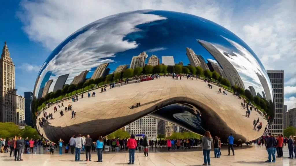 Cloud Gate The Bean with visitors and city skyline reflection