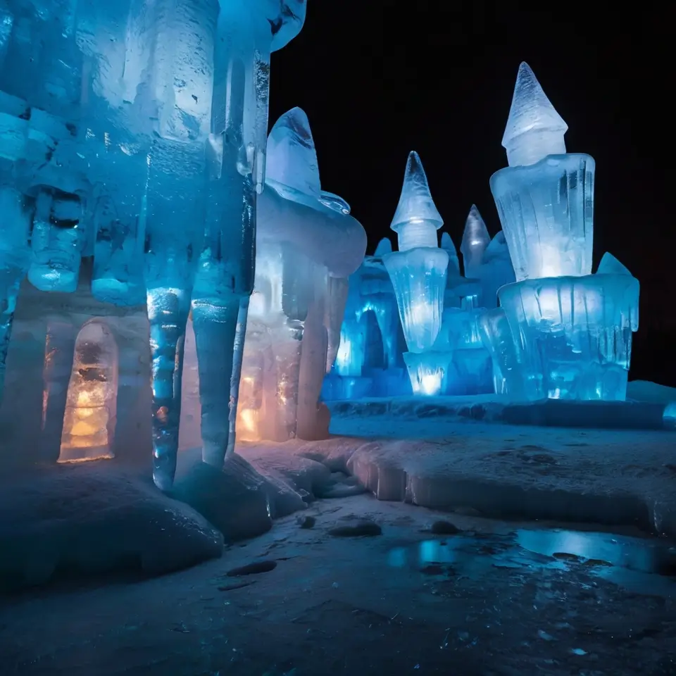 Ice Castles at night with LED lighting