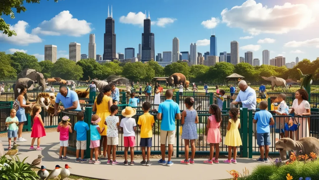 families viewing animals at Lincoln Park Zoo with city skyline visible