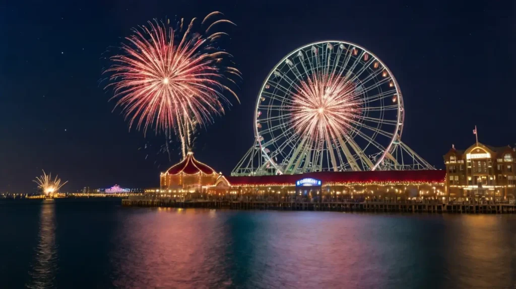 Navy Pier with Centennial Wheel and fireworks over Lake Michigan