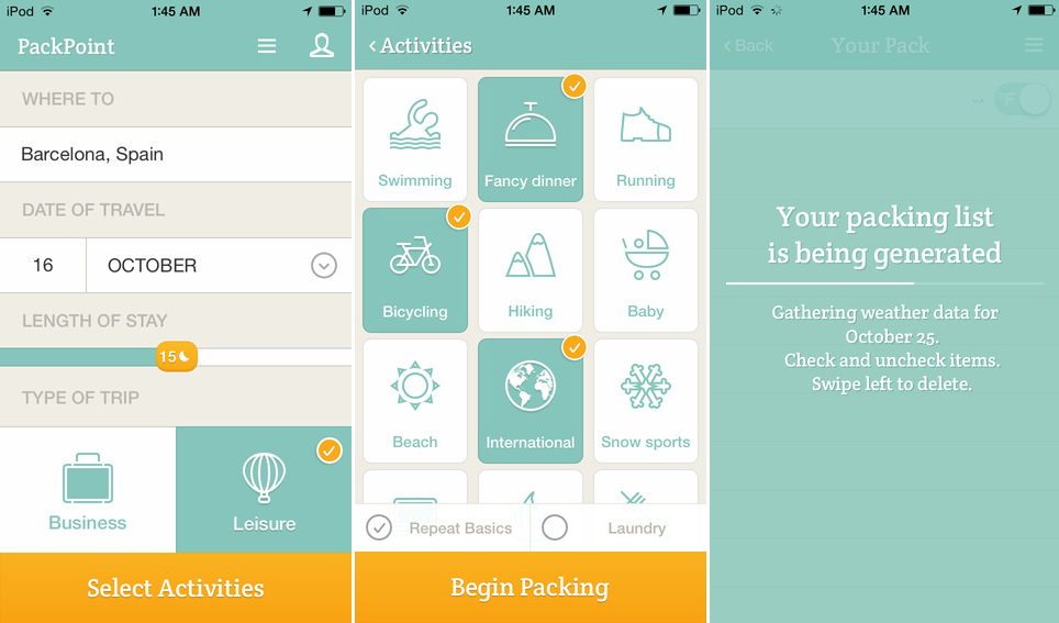 PackPoint's customized packing checklist