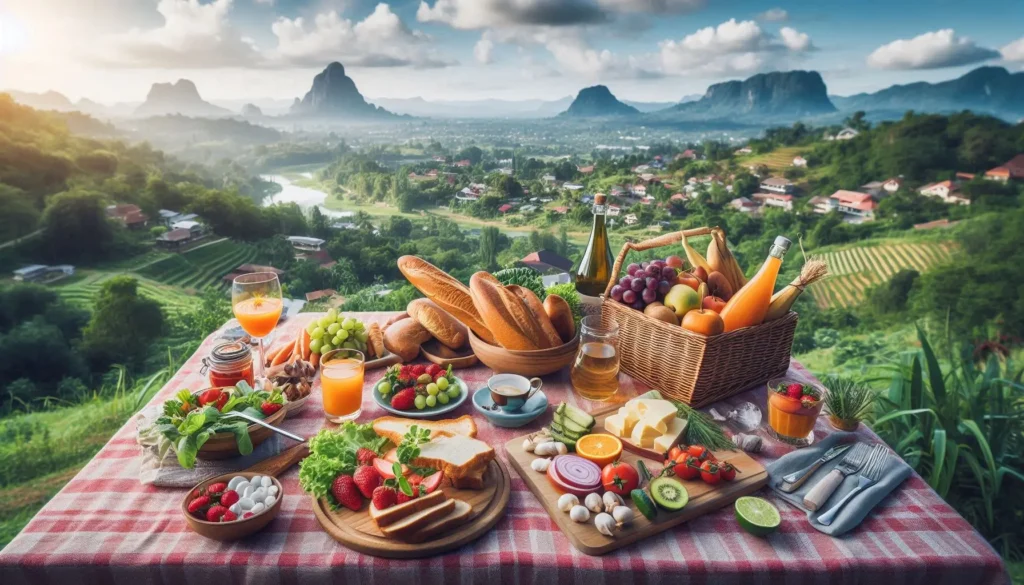 a picnic spread with local market ingredients overlooking a scenic view