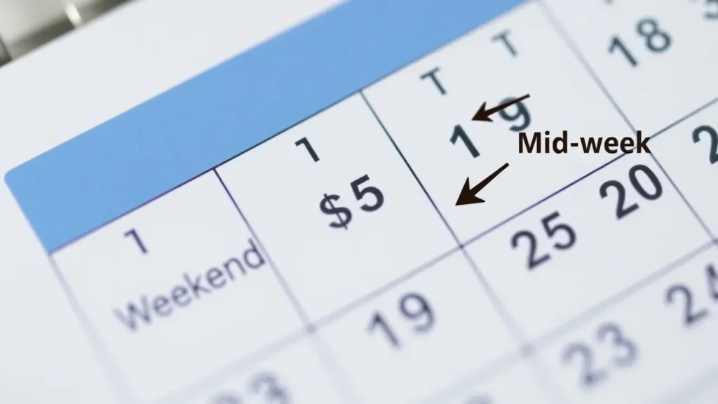 calendar showing price differences between weekend and mid-week travel dates