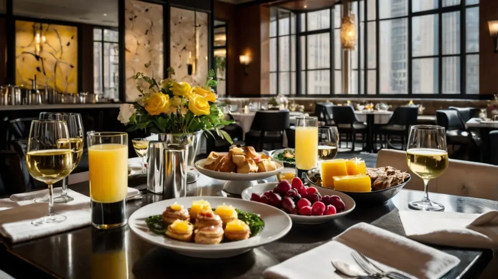elegant brunch spread with mimosas and Chicago restaurant interior