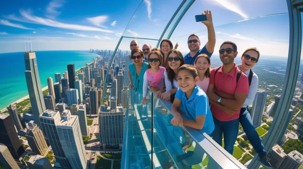glass ledge at Skydeck with city sprawling below