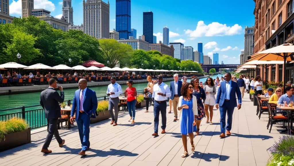 People walking along Chicago Riverwalk with outdoor dining and river views