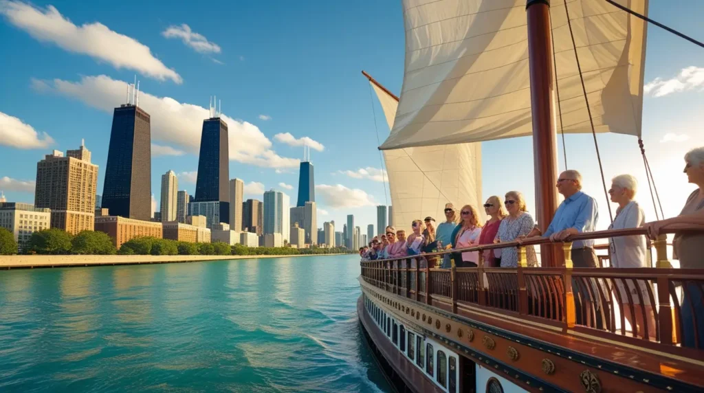 Riverboat with passengers viewing Chicago's architectural skyline