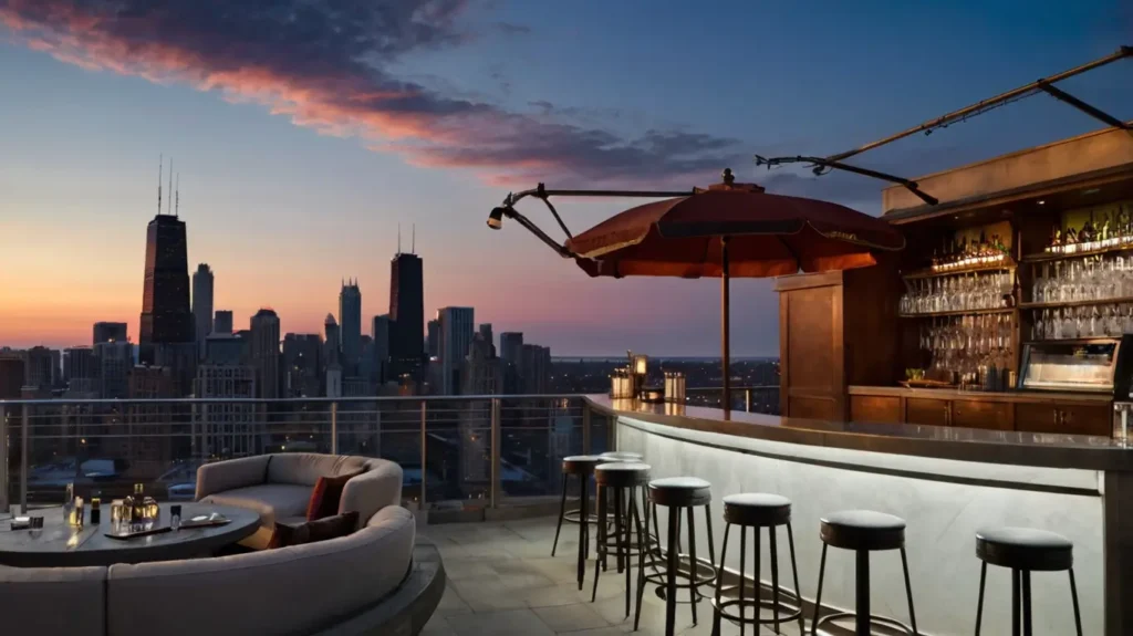 rooftop bar with Chicago skyline views and elegant cocktail setup
