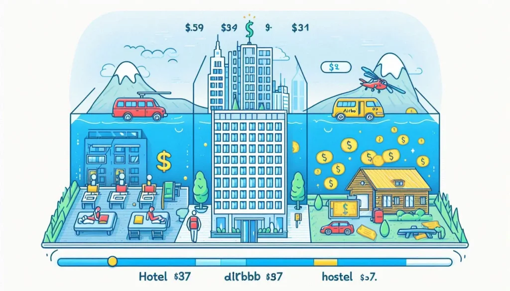 showing comparison of accommodation costs hotel vs. Airbnb vs. hostel