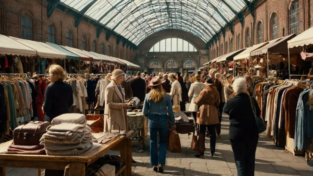 vintage market with clothing racks and shoppers browsing