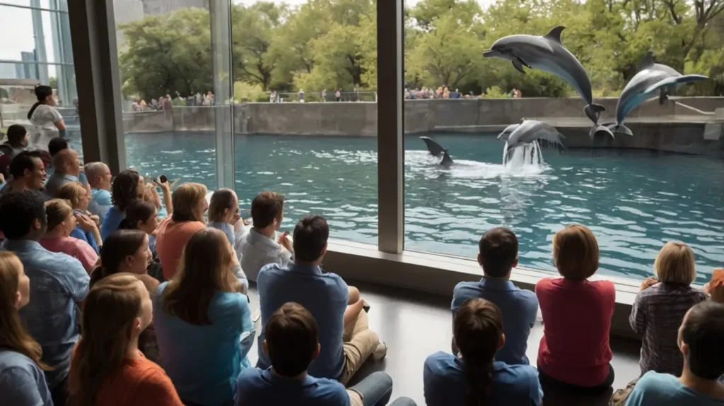 visitors watching dolphin show at Shedd Aquarium