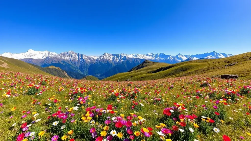 wildflower meadows in Chopta with mountain backdrop here
